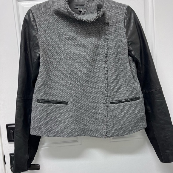 VINCE Gray and Black Blazer preppy leather with Asymmetrical Closure M - Picture 9 of 11